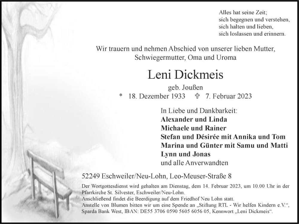  Traueranzeige für Leni Dickmeis vom 12.02.2023 aus Zeitung am Sonntag