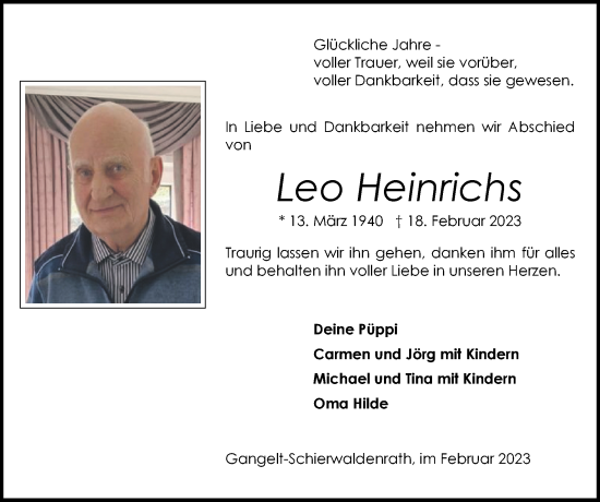 Traueranzeige von Leo Heinrichs von Zeitung am Sonntag