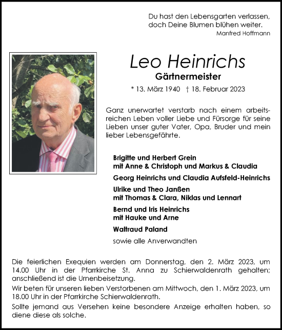 Traueranzeige von Leo Heinrichs von Zeitung am Sonntag