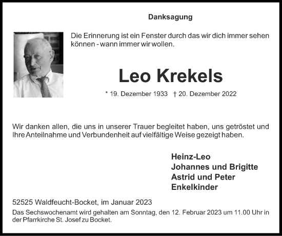 Traueranzeige von Leo Krekels von Zeitung am Sonntag