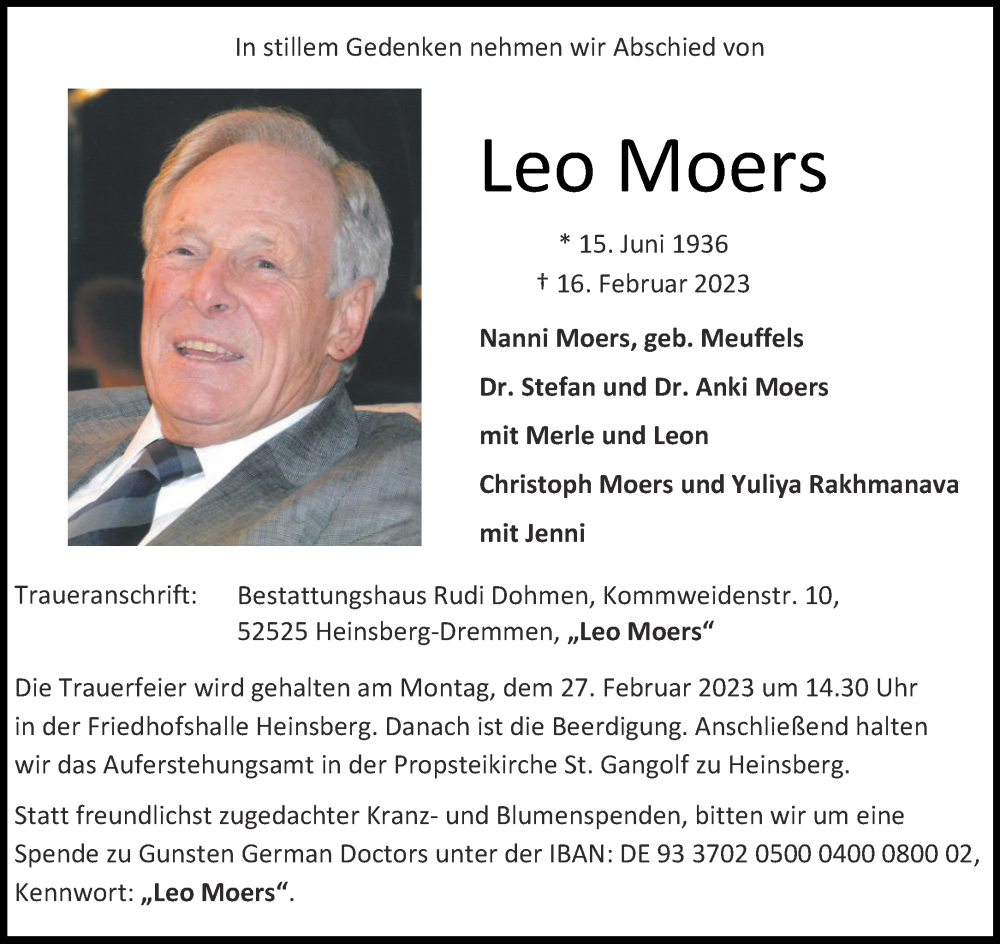  Traueranzeige für Leo Moers vom 25.02.2023 aus Aachener Zeitung / Aachener Nachrichten