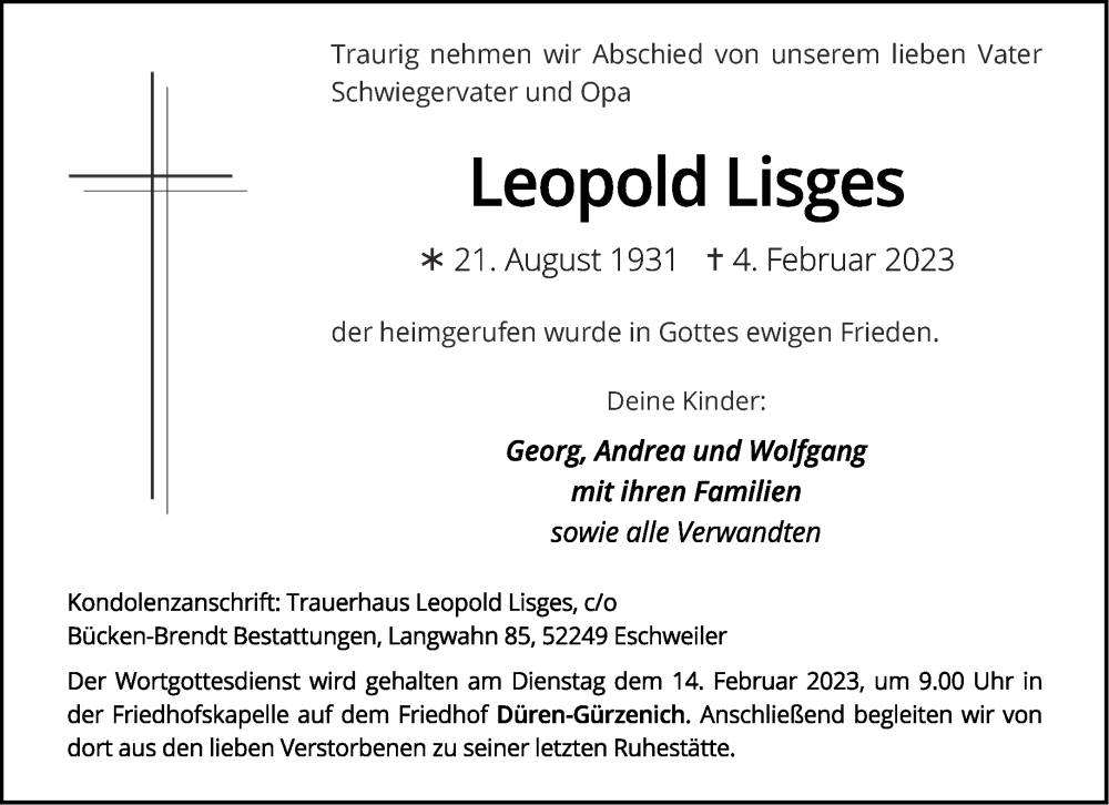  Traueranzeige für Leopold Lisges vom 11.02.2023 aus Aachener Zeitung / Aachener Nachrichten