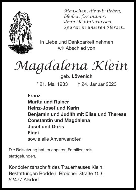 Traueranzeige von Magdalena Klein von Zeitung am Sonntag