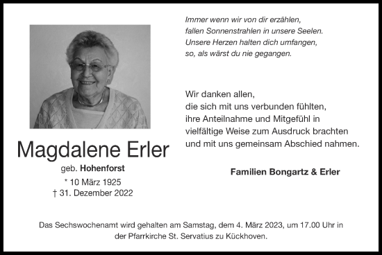 Traueranzeige von Magdalene Erler von Zeitung am Sonntag