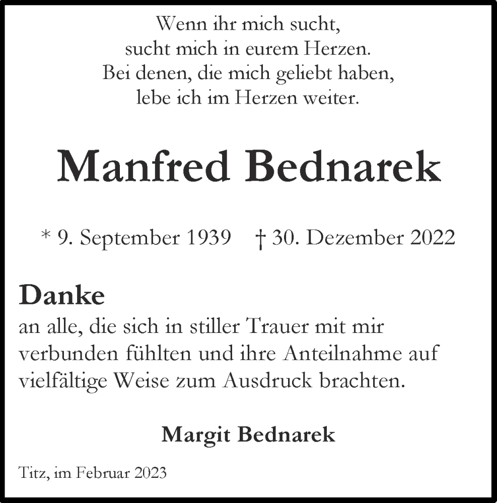  Traueranzeige für Manfred Bednarek vom 05.02.2023 aus Zeitung am Sonntag