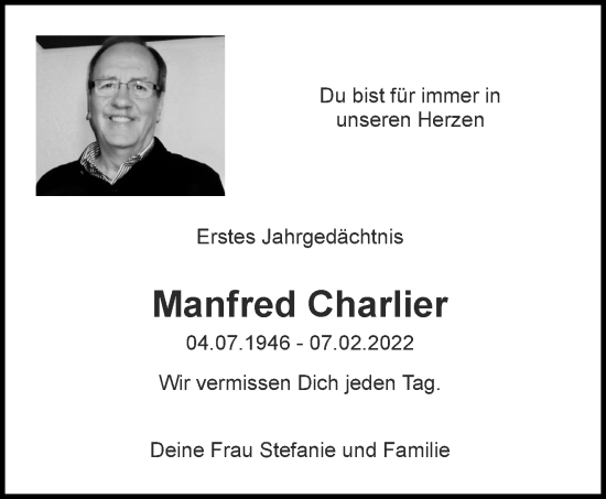 Traueranzeige von Manfred Charlier von Aachener Zeitung / Aachener Nachrichten