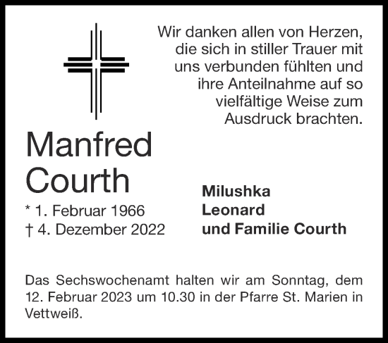 Traueranzeige von Manfred Courth von Zeitung am Sonntag