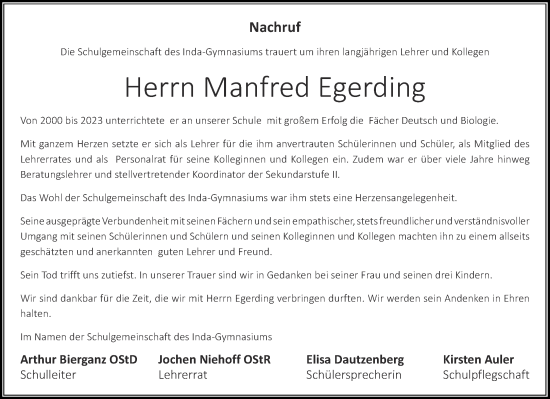 Traueranzeige von Manfred Egerding von Aachener Zeitung / Aachener Nachrichten