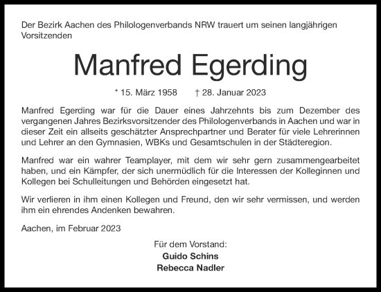 Traueranzeige von Manfred Egerding von Aachener Zeitung / Aachener Nachrichten