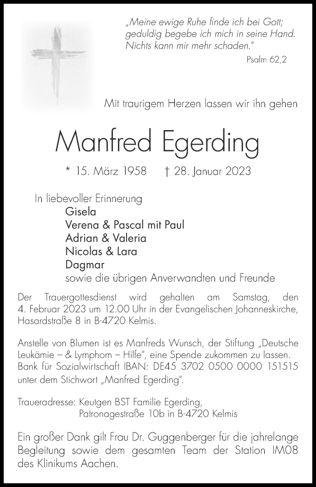 Traueranzeige für Manfred Egerding vom 02.02.2023 aus Aachener Zeitung / Aachener Nachrichten