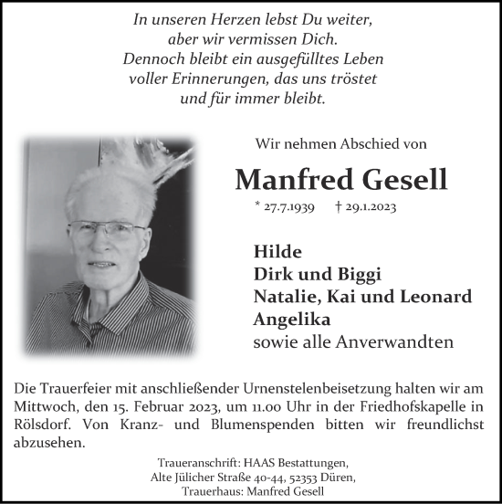 Traueranzeige von Manfred Gesell von Zeitung am Sonntag