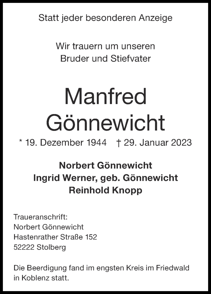  Traueranzeige für Manfred Gönnewicht vom 05.02.2023 aus Zeitung am Sonntag