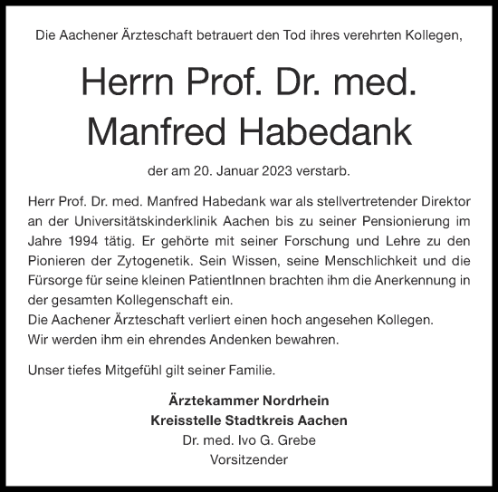 Traueranzeige von Manfred Habedank von Aachener Zeitung / Aachener Nachrichten