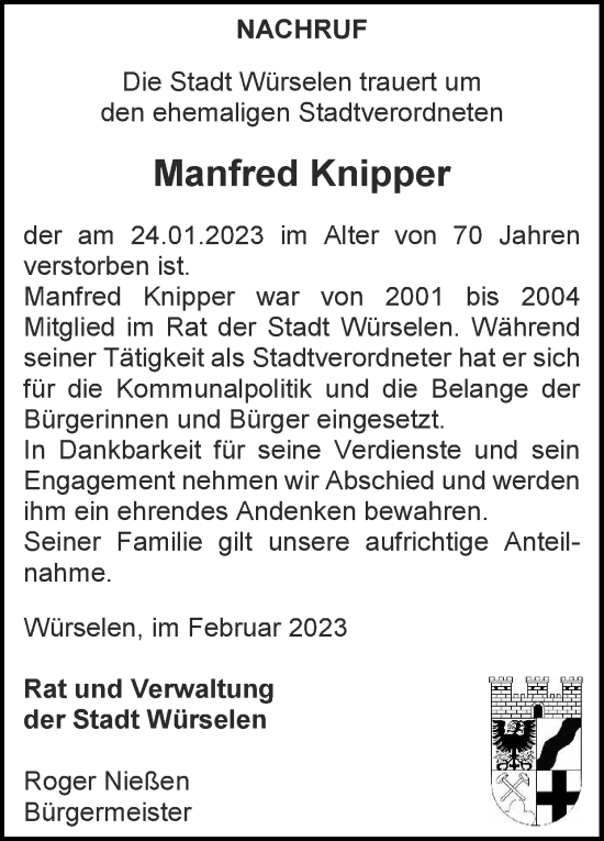 Traueranzeige von Manfred Knipper von Zeitung am Sonntag