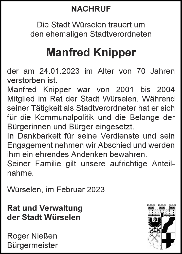  Traueranzeige für Manfred Knipper vom 05.02.2023 aus Zeitung am Sonntag