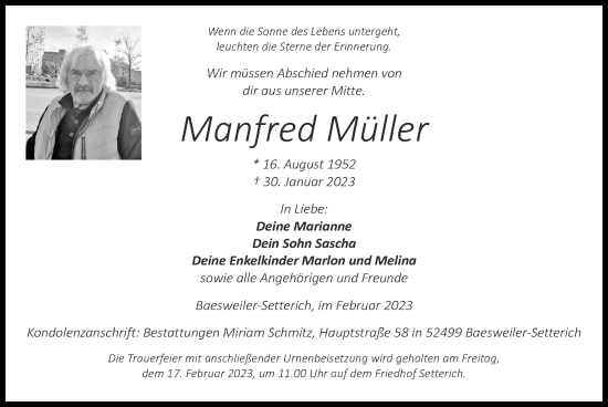 Traueranzeige von Manfred Müller von Zeitung am Sonntag