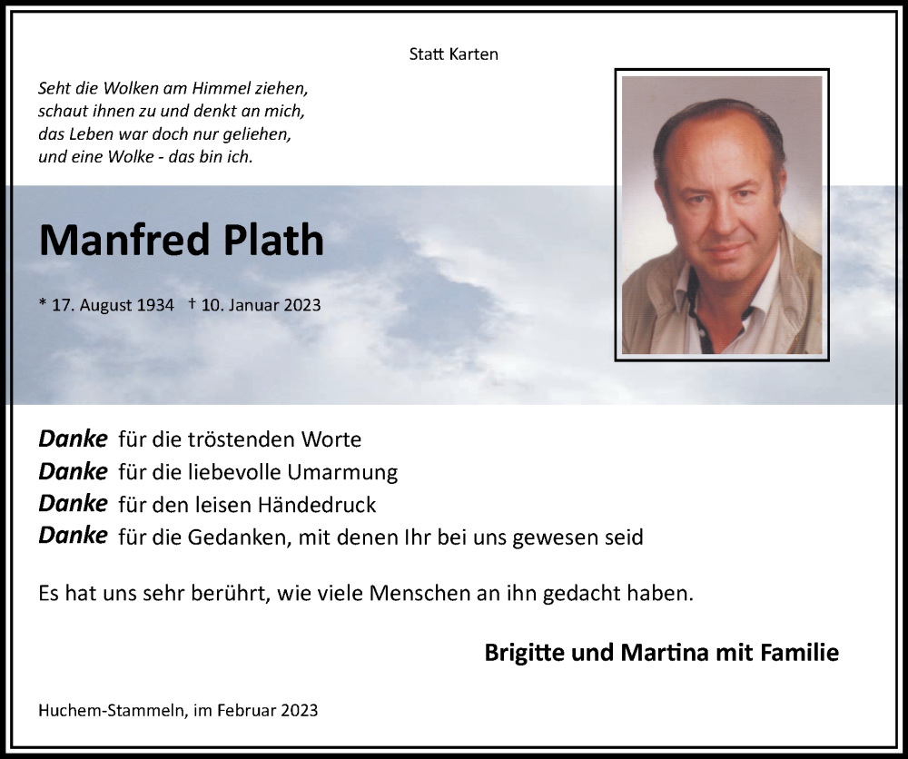  Traueranzeige für Manfred Plath vom 12.02.2023 aus Zeitung am Sonntag