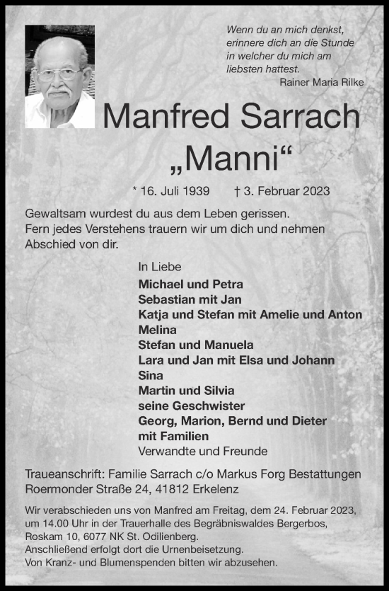 Traueranzeige von Manfred Sarrach von Zeitung am Sonntag