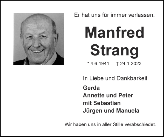 Traueranzeige von Manfred Strang von Zeitung am Sonntag