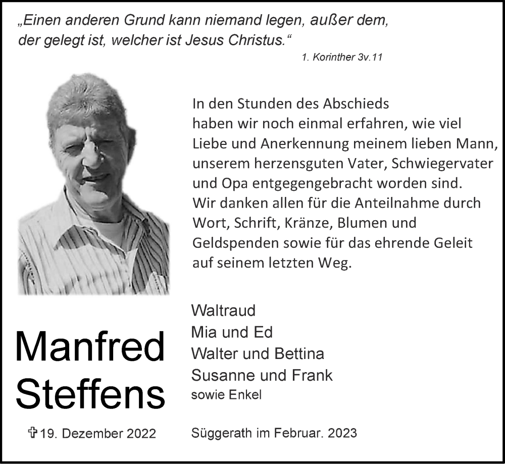  Traueranzeige für Manfred Streffens vom 26.02.2023 aus Zeitung am Sonntag