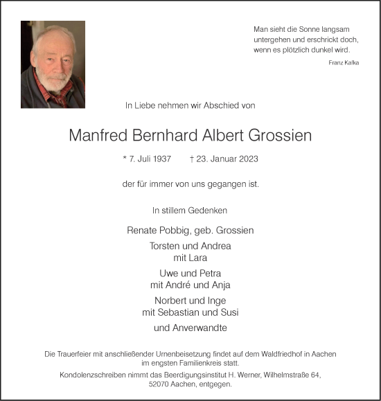 Traueranzeige von Manfred Bernhard Albert Grossien von Aachener Zeitung / Aachener Nachrichten