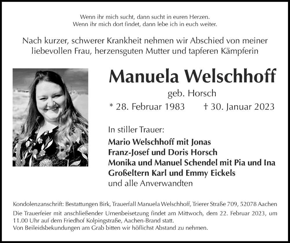  Traueranzeige für Manuela Welschhoff vom 12.02.2023 aus Zeitung am Sonntag