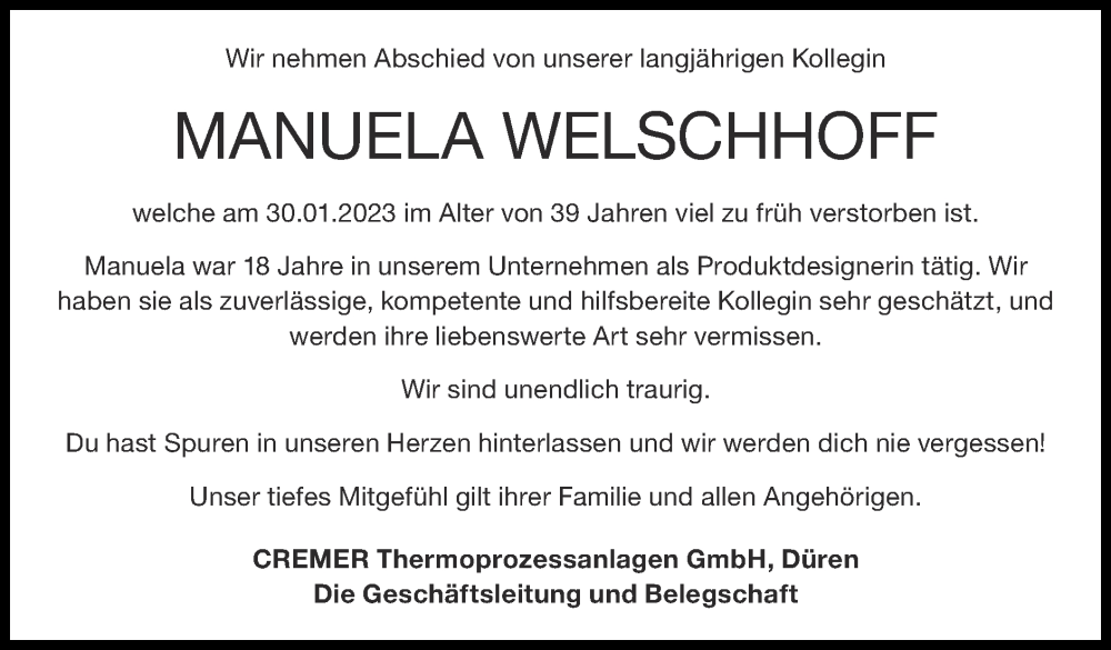  Traueranzeige für Manuela Welschhoff vom 26.02.2023 aus Zeitung am Sonntag