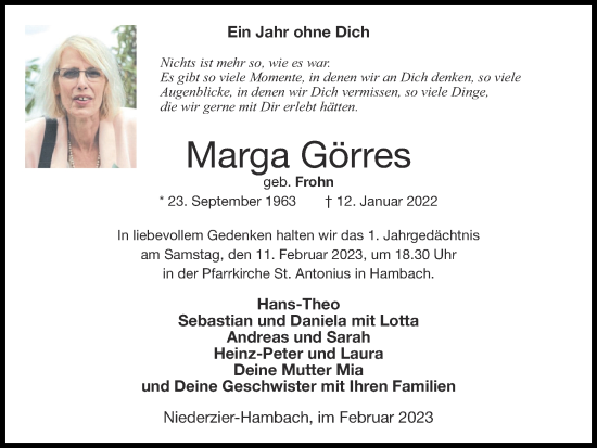 Traueranzeige von Marga Görres von Zeitung am Sonntag