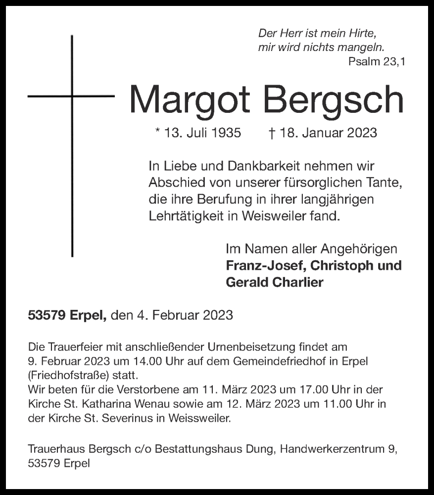  Traueranzeige für Margot Bergsch vom 05.02.2023 aus Zeitung am Sonntag