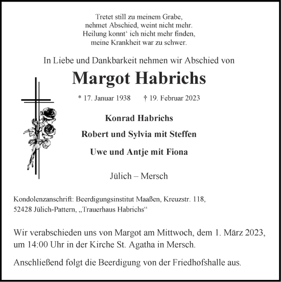 Traueranzeige von Margot Habrichs von Zeitung am Sonntag