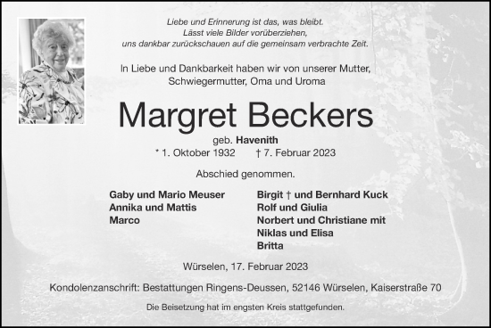 Traueranzeige von Margret Beckers von Zeitung am Sonntag