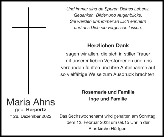 Traueranzeige von Maria Ahns von Zeitung am Sonntag