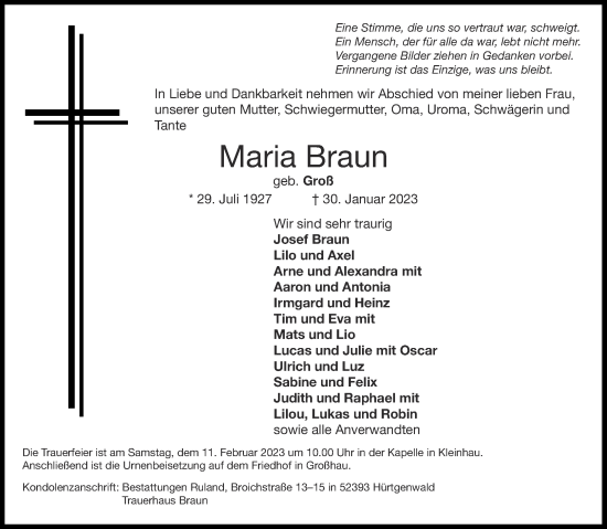 Traueranzeige von Maria Braun von Aachener Zeitung / Aachener Nachrichten