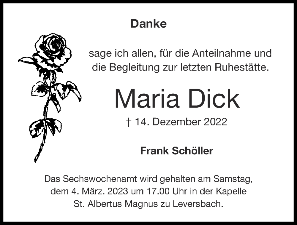  Traueranzeige für Maria Dick vom 26.02.2023 aus Zeitung am Sonntag