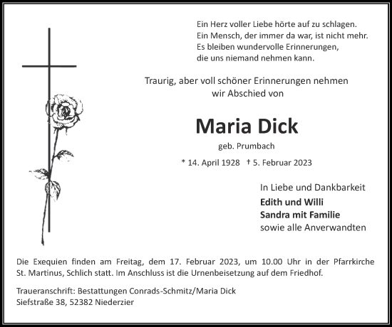 Traueranzeige von Maria Dick von Zeitung am Sonntag