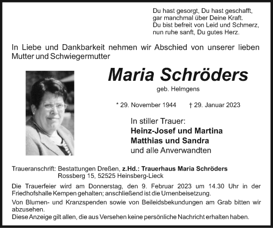 Traueranzeige von Maria Schröders von Zeitung am Sonntag