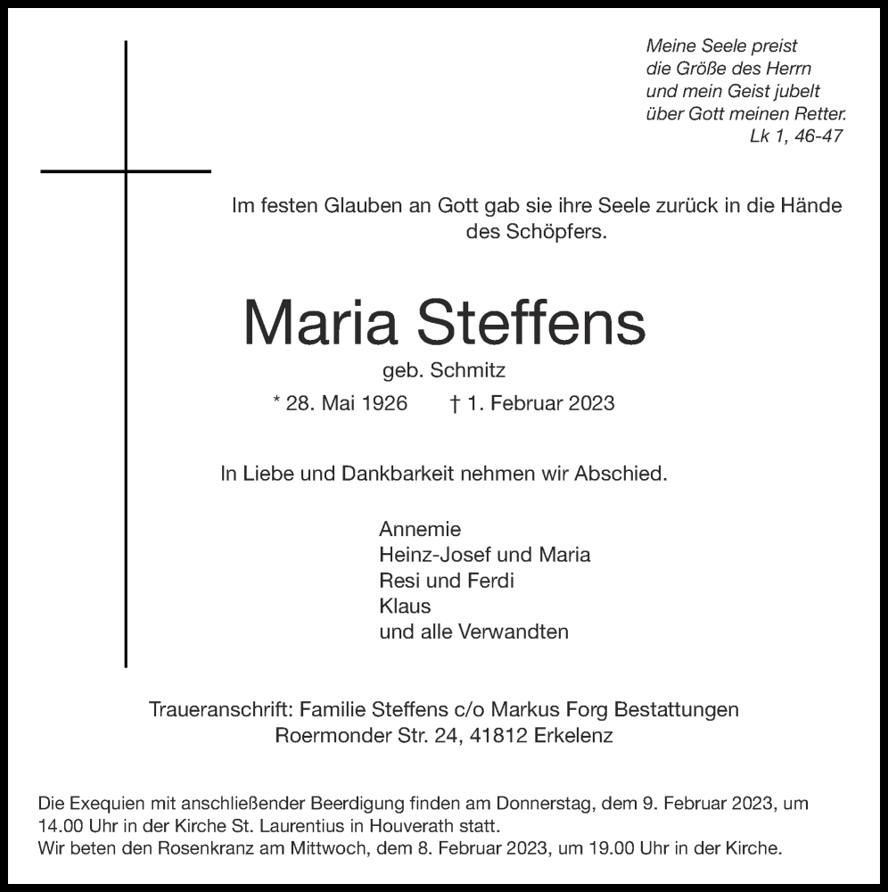  Traueranzeige für Maria Steffens vom 05.02.2023 aus Zeitung am Sonntag