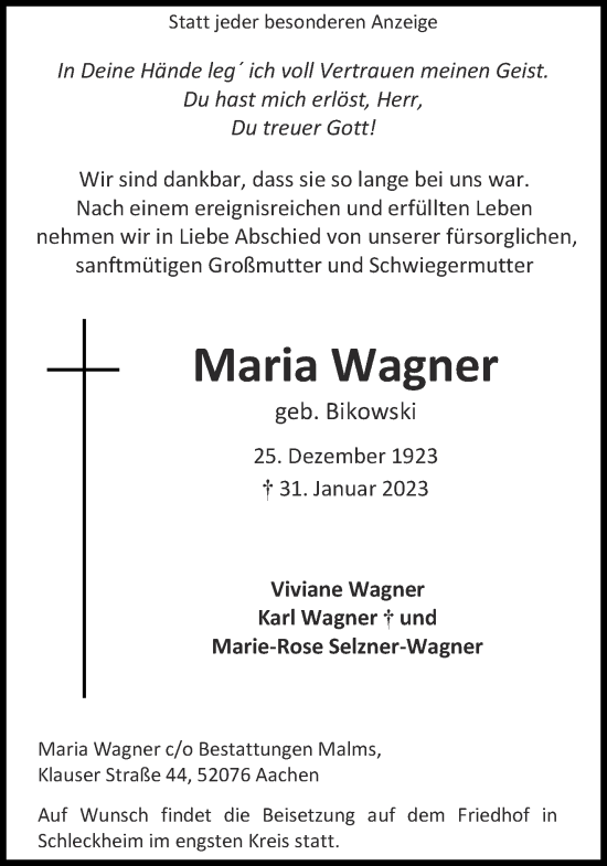 Traueranzeige von Maria Wagner von Aachener Zeitung / Aachener Nachrichten