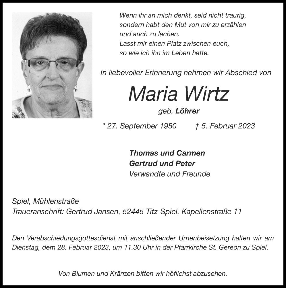 Traueranzeige für Maria Wirtz vom 12.02.2023 aus Zeitung am Sonntag