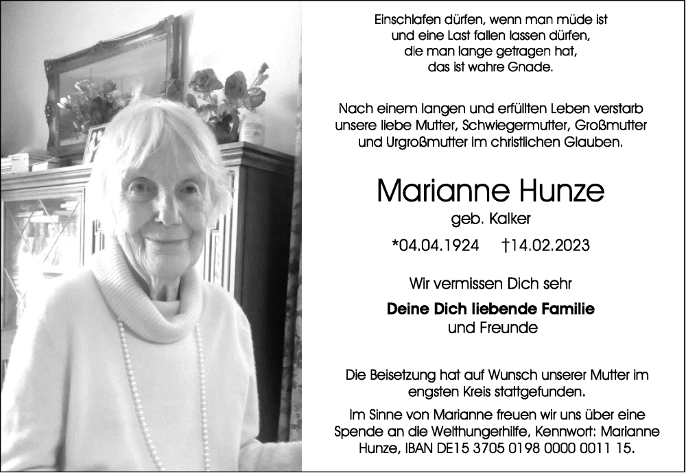  Traueranzeige für Marianne Hunze vom 25.02.2023 aus Aachener Zeitung / Aachener Nachrichten