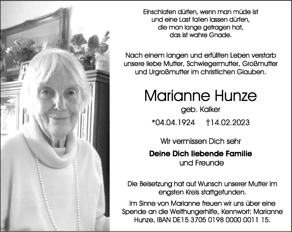  Traueranzeige für Marianne Hunze vom 26.02.2023 aus Zeitung am Sonntag