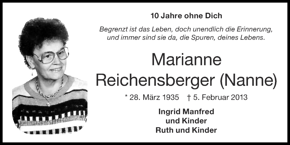  Traueranzeige für Marianne Reichensberger vom 05.02.2023 aus Zeitung am Sonntag