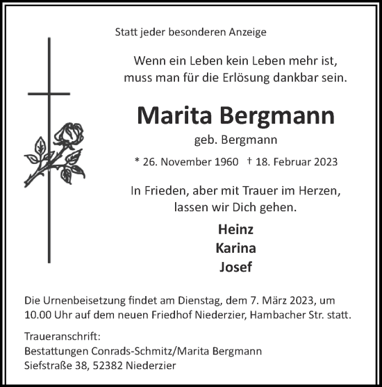 Traueranzeige von Marita Bergmann von Zeitung am Sonntag