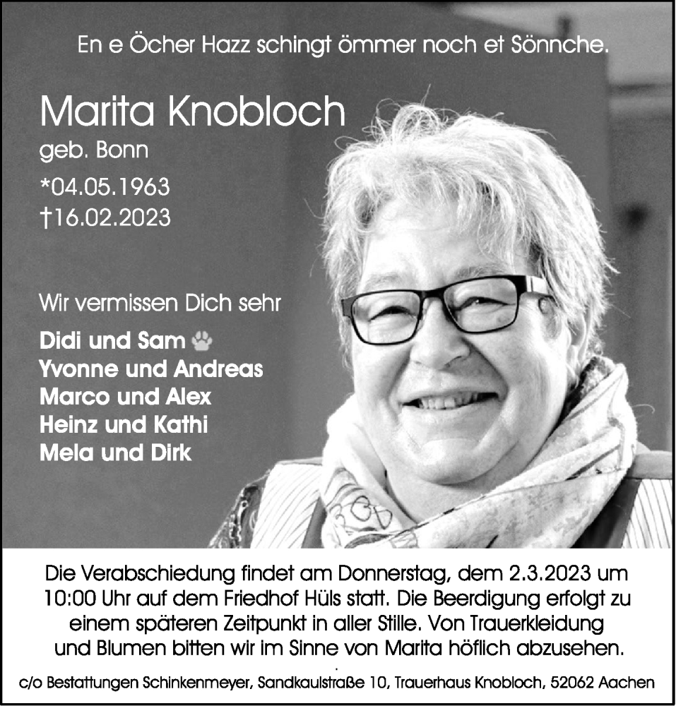  Traueranzeige für Marita Knobloch vom 25.02.2023 aus Aachener Zeitung / Aachener Nachrichten
