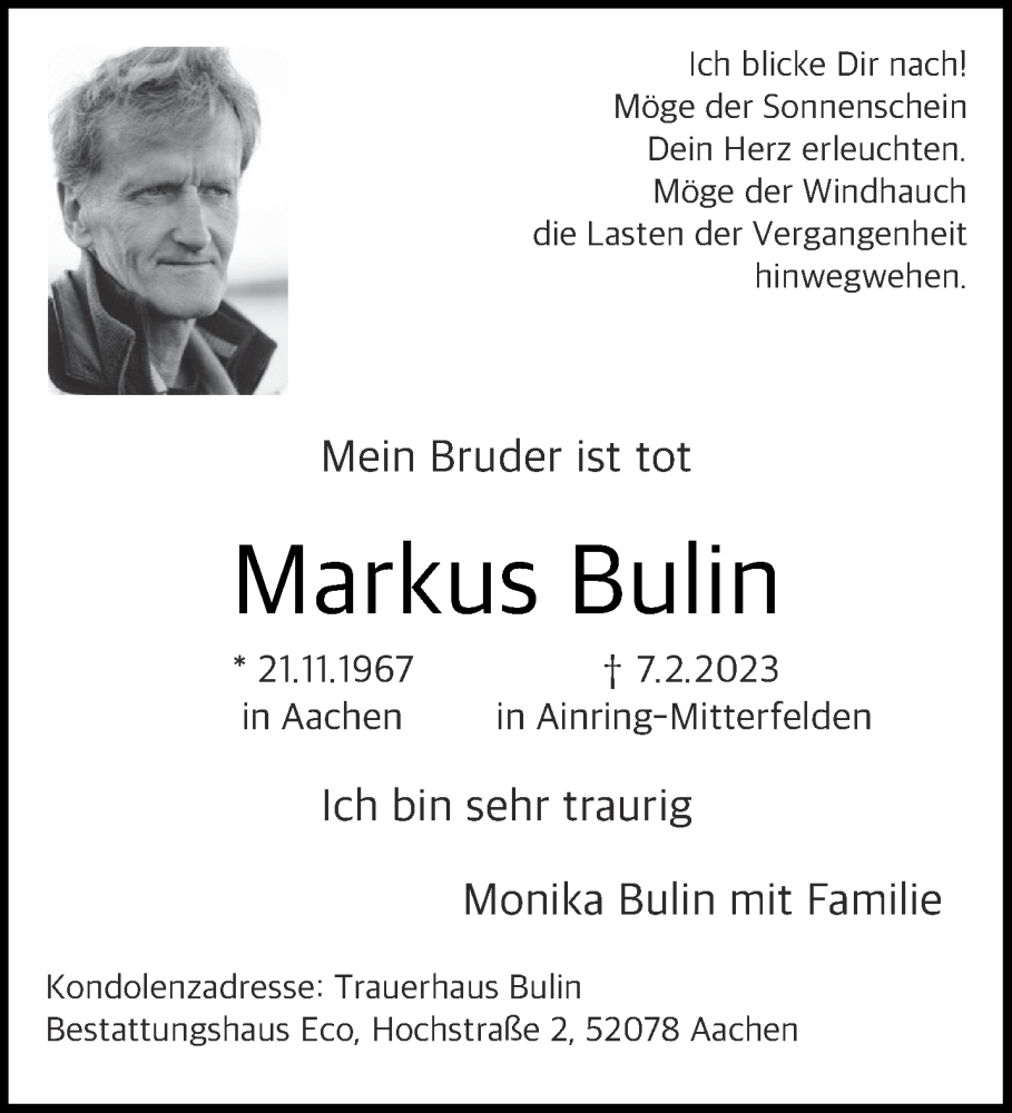  Traueranzeige für Markus Bulin vom 11.02.2023 aus Aachener Zeitung / Aachener Nachrichten