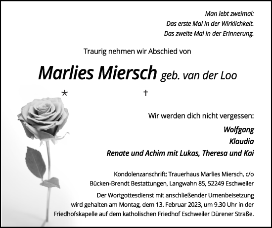 Traueranzeige von Marlies Miersch von Zeitung am Sonntag