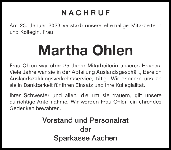 Traueranzeige von Martha Ohlen von Aachener Zeitung / Aachener Nachrichten