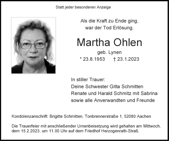 Traueranzeige von Martha Ohlen von Zeitung am Sonntag