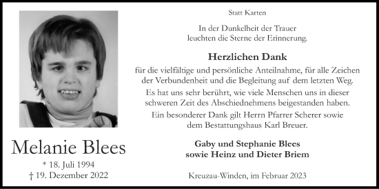 Traueranzeige von Melanie Blees von Zeitung am Sonntag