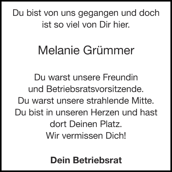 Traueranzeige von Melanie Grümmer von Zeitung am Sonntag